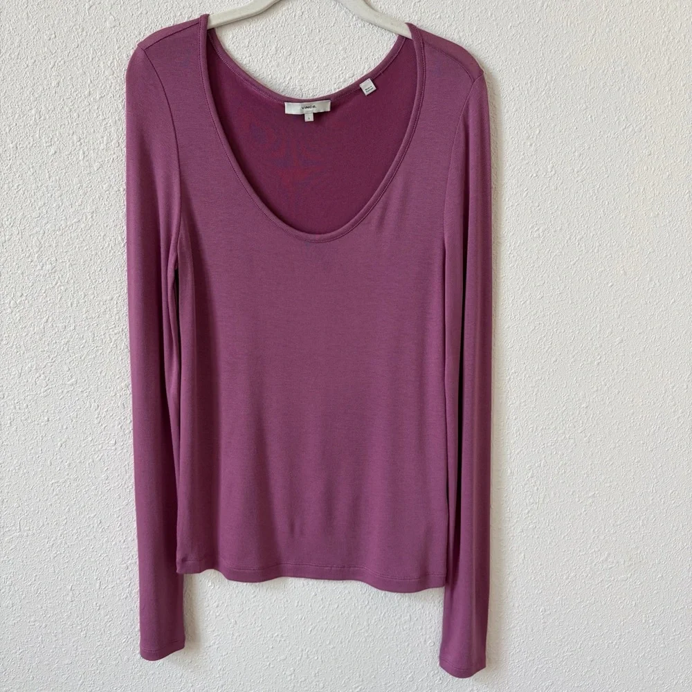 Vince Rayon Knit Long Sleeve Scoop Neck Top Pink Purple Size Small